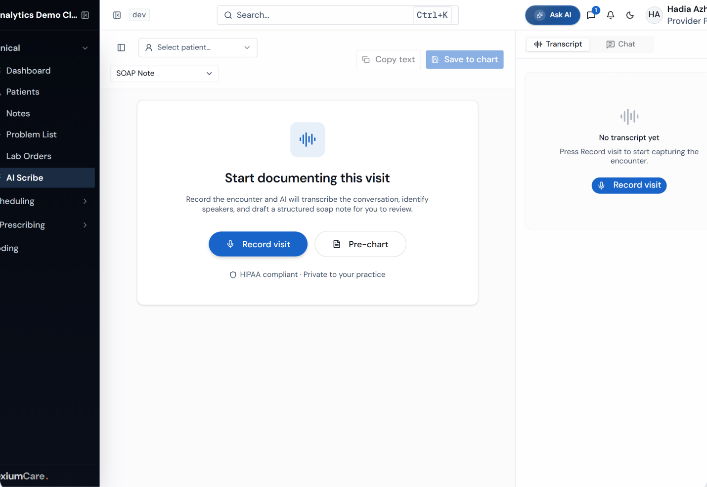 NexiumCare NEXI AI Scribe generating a SOAP note during a live visit